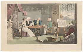 Rowlandson/Combe : Dr. Syntax/Artist's Room. Aquatint, original hand-coloured, 1821 / Wasserburger Antiquariat Christine Schmid